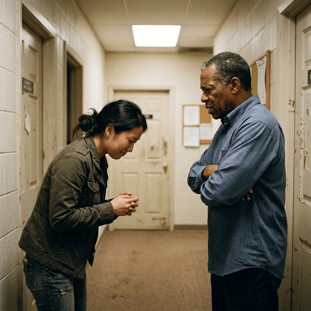 Young woman bowing with hands clasped while an older man stands with arms crossed in a hallway